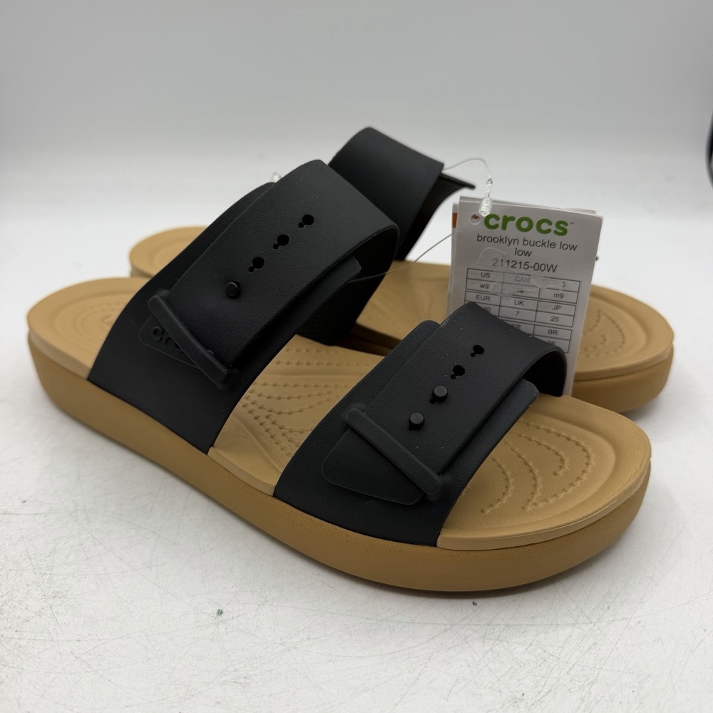 Crocs Brooklyn Buckle Low Low Sandals Women Sz 9 Black/Tan Slides 211215-00W NWT